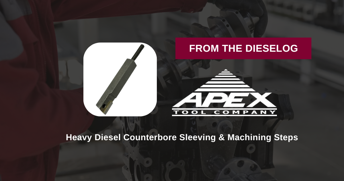 Step-by-step view of machining a diesel engine block counterbore using a precision carbide bit in a shop setting